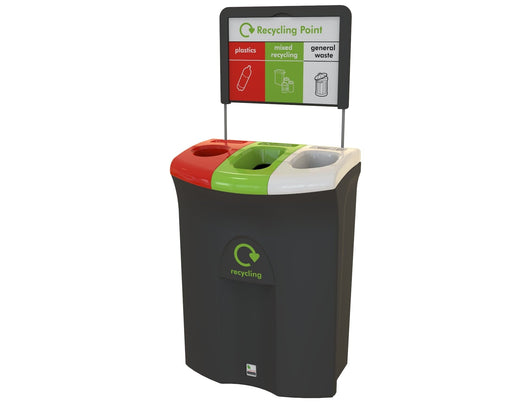 Black bodied waste bin with colored lids in red, light green, and white and a top sign.