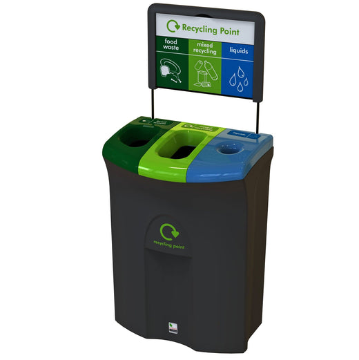 Litter bin with three separate openings. Each with a different color lid - green, light green, and blue and a sign on top.