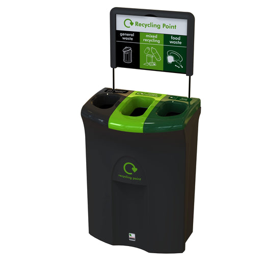 Black recycling bin with three colored openings and a top sign. Lids: black, light green, dark green (left to right).