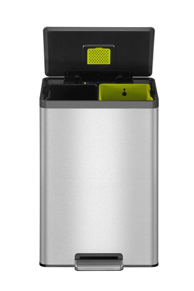 EcoCasa II Recycling Bin with deodorizer mesh on lid, dual 20 litre liners for efficient waste separation.