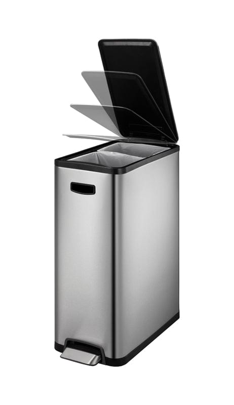 EcoSlim Recycling Bin with 2 separate liners for waste segregation, operated via a step pedal with smooth lid opening and closing.