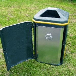 Square litter bin with front door opening and internal handled galvanised liner.  Open apertures to the 2 sides of the lid