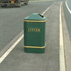 Green litter bin with gold banding, 2 apertures to each side of the lid and litter text plate