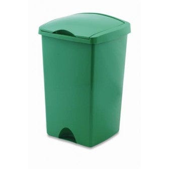 a green litter bin characterized by a lift-top aperture and a removable lid.