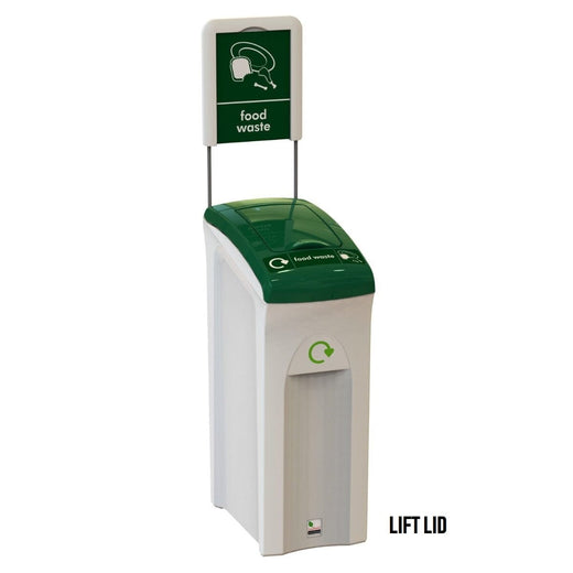 A white bodied recycling bin with green lift lid and a signage.