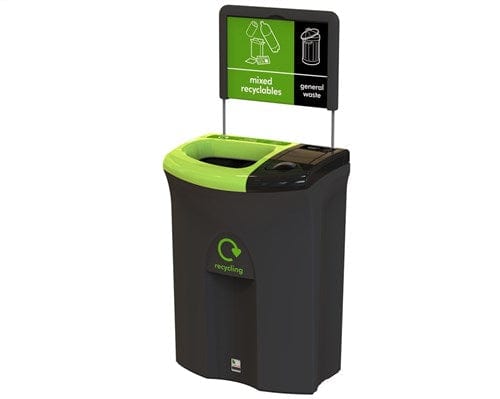 Black recycling bin with two separate compartments. One has green colored lid and the other is black with signage attached.