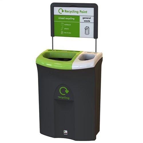 Waste bin in black with two separate compartments - one with a green lid, the other white, complete with attached signage.