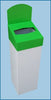 White bodied trash bin with a green lid. It has a hexagonal input slot.