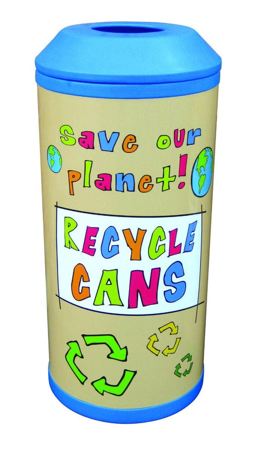 Blue midi recycling bin featuring a circular top opening labeled for recycling cans.