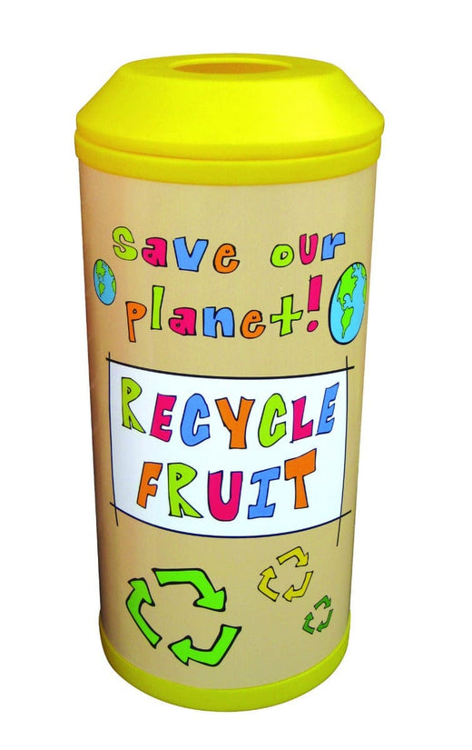 Yellow midi recycling bin featuring a wide circular top opening labeled as recycle fruit.