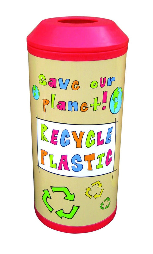 Red midi recycling bin featuring a circular top opening labeled for recycling plastic.