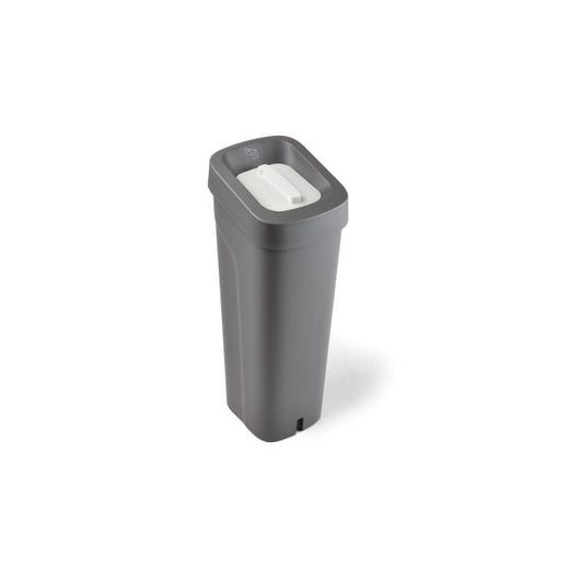 side view of the mini recycling bin in grey, topped with a white lid.