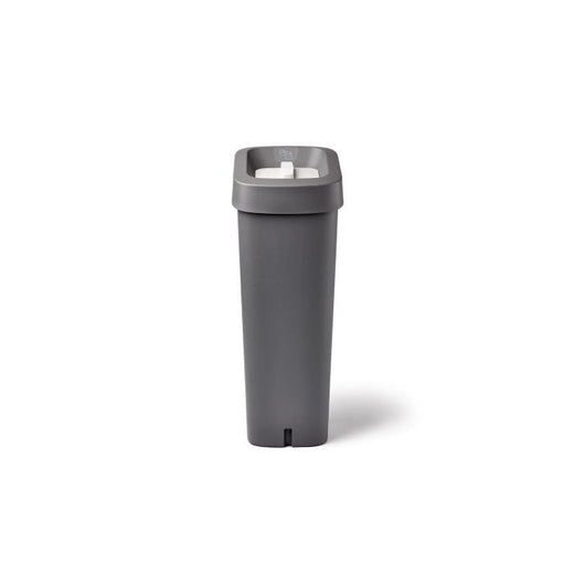 A front view of a white-lidded mini trash bin in grey.