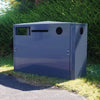 Grey triple recycling station with apertures showing for general waste, paper and plastics with a slight peaked lid