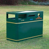 Large 3 compartment recycling bin in green with banding, showing open, slot and hole aperture 