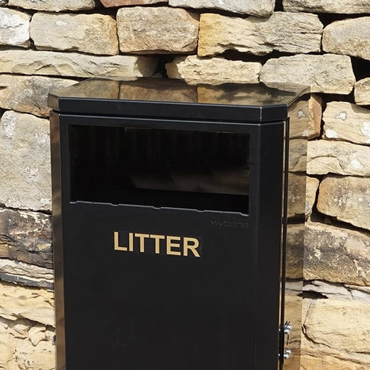 Flat top external litter bin with open aperture to the front and litter gold text below the aperture