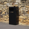 Freestanding external litter bin, powder coated in black with front aperture and gold litter text to the front