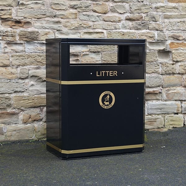Large outdoor litter bin wth flat top, rectangular aperture to the front and back.  Gold banding to the top and bottom, litter and dog waste label to the centre