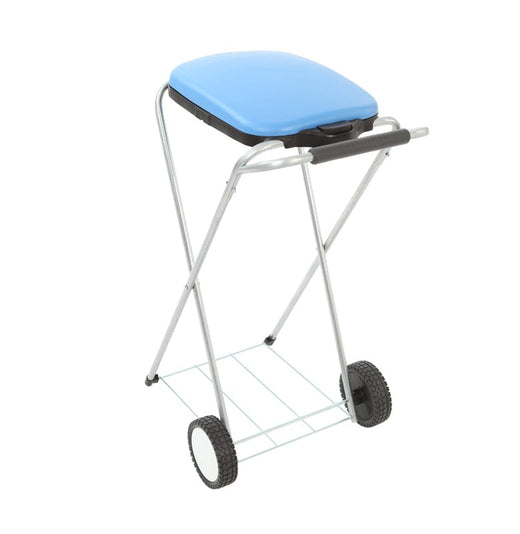 A plastic waste holder with frosteel framework, blue plastic lid, and plastic bag holder at the bottom. It also has 2 wheels and a handle bar for easier maneuverability.