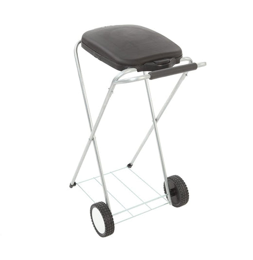 A sack holder with a steel frame, black lid, bottom bag holder, enhanced with wheels and a handle for easy movement.