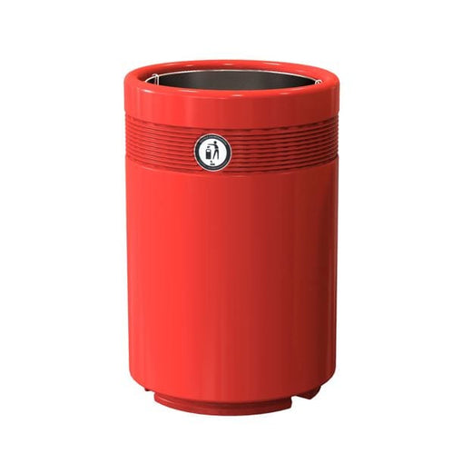 freestanding red litter bin with open top lid and plastic inner liner. 