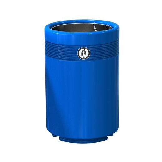 A litter bin in blue, equipped with an open top lid and an inner plastic liner.