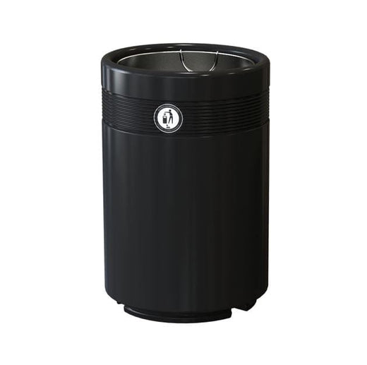 A black-colored litter bin, furnished with an open top lid and plastic lining within.