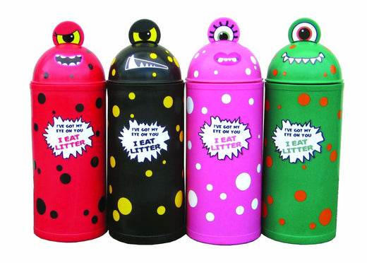 Colorful Monster Dome Hooded Litter Bins in fun character designs.