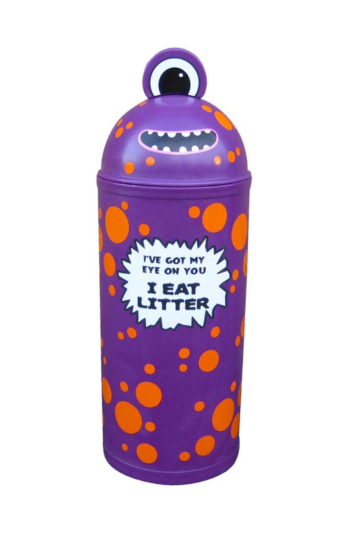 Purple monster bin designed to make waste disposal fun for kids.