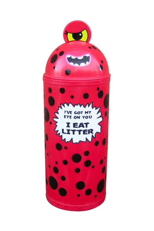 Red and Black Monster Bin with playful graphics 