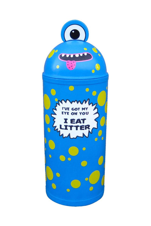 Novelty blue monster bin in 42L and 52L sizes. Suited for indoor & outdoor use.