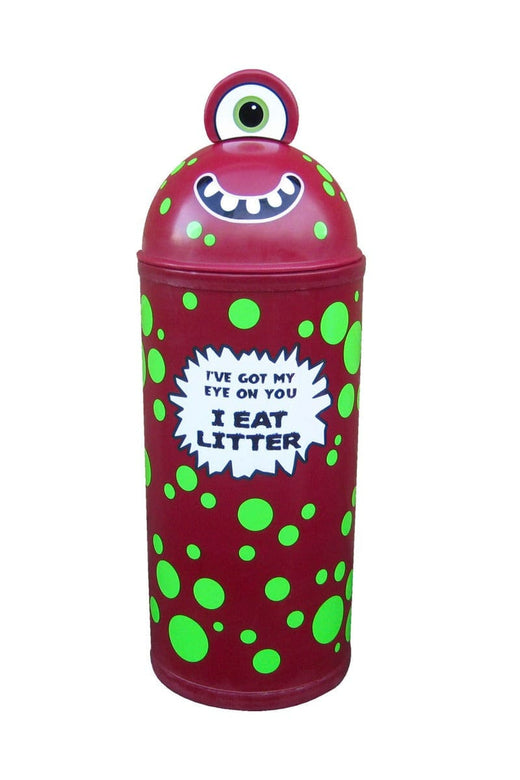 Monster-themed bin featuring galvanized steel liners and secure lock-and-key mechanisms.