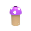 A trash bin inspired by a mushroom shape, is decked out with a purple lid. No graphics attached.