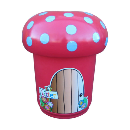 Litter bin in the shape of a mushroom, pink in color with twist-off lids.