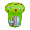 Green, mushroom-shaped, freestanding litter bins, each featuring a lid that can be twisted off.