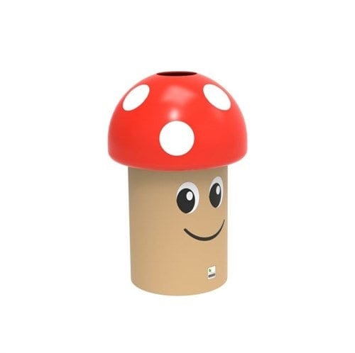 freestanding mushroom-shaped trash bin with red lid and smiley face sticker. 