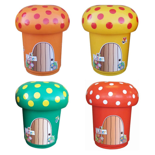 4 mushroom shaped litter bins with twist off lid in orange, yellow, blue and red. All complete with graphics.
