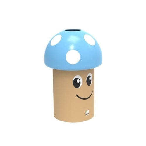 A stand-alone litter bin, shaped like a mushroom, features a blue lid and a smiley face sticker.