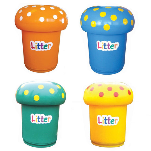 4 trash bins, shaped like mushrooms and featuring twist-off lids, are available in orange, dark blue, light blue, and yellow. All are accompanied by graphic designs.