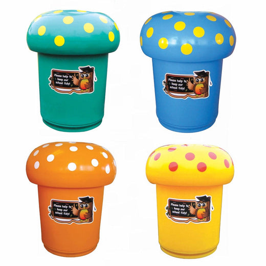 4 trash cans in the shape of mushrooms in color orange, yellow, dark blue, and light blue. Each comes with a twist-off lid and graphics.