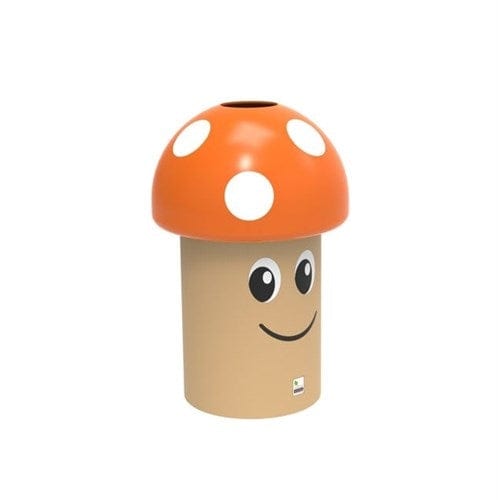  trash bin, modeled in a mushroom design, comes with a red lid and is adorned with a smiley face graphic.