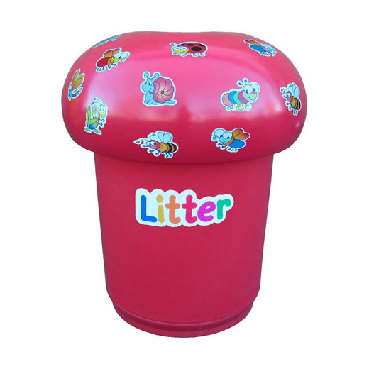 Pink trash bin, shaped like mushrooms and equipped with attached spin-off lids.