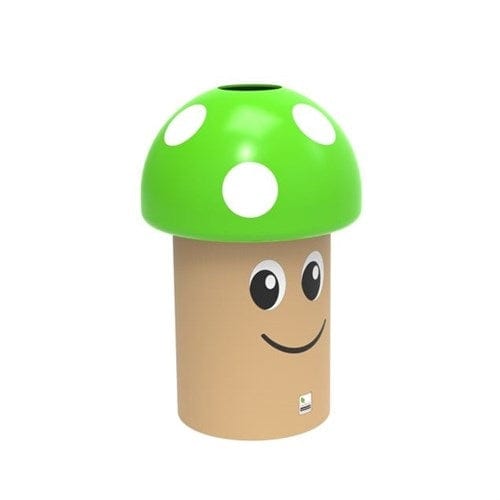 A free-standing garbage bin in the shape of a mushroom, complete with a green lid and embellished with a smiley face sticker.