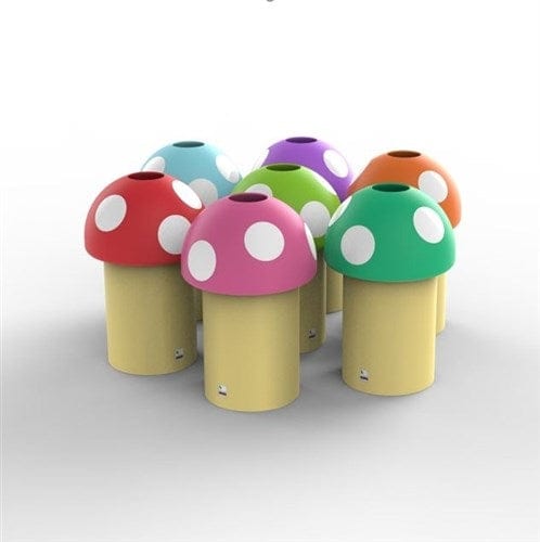 Seven mushroom-shaped trash cans in distinct colors - blue, red, orange, light green, purple, dark green, and pink, are nestled closely together.
