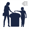Graphic illustration of a mother and child disposing trash into the trash bin along with a texts of the dimensions of the bins.