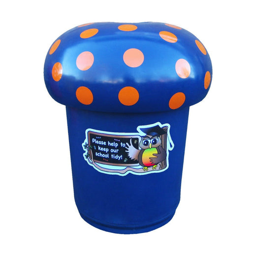 freestanding dark blue mushroom shaped trash can with attached twist off lid.