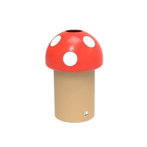 A garbage bin, shaped like a mushroom and fitted with a red lid, is void of any attached graphics.