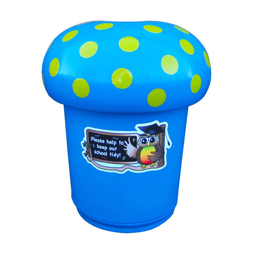 Light blue garbage bin, designed to mimic the shape of a mushroom, feature removable twist-off lids and can stand freely.