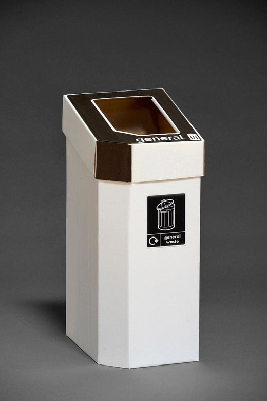 trash bins in white with detachable brown lids that are designed for the disposal of general waste.