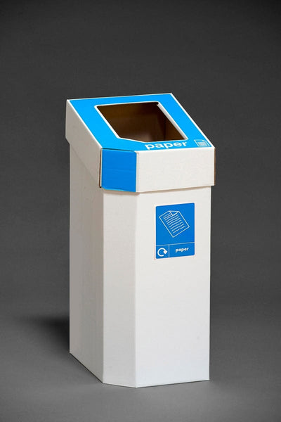 Stand-alone cardboard waste bins with white body and blue, lift-off lids specifically designed for paper trash.